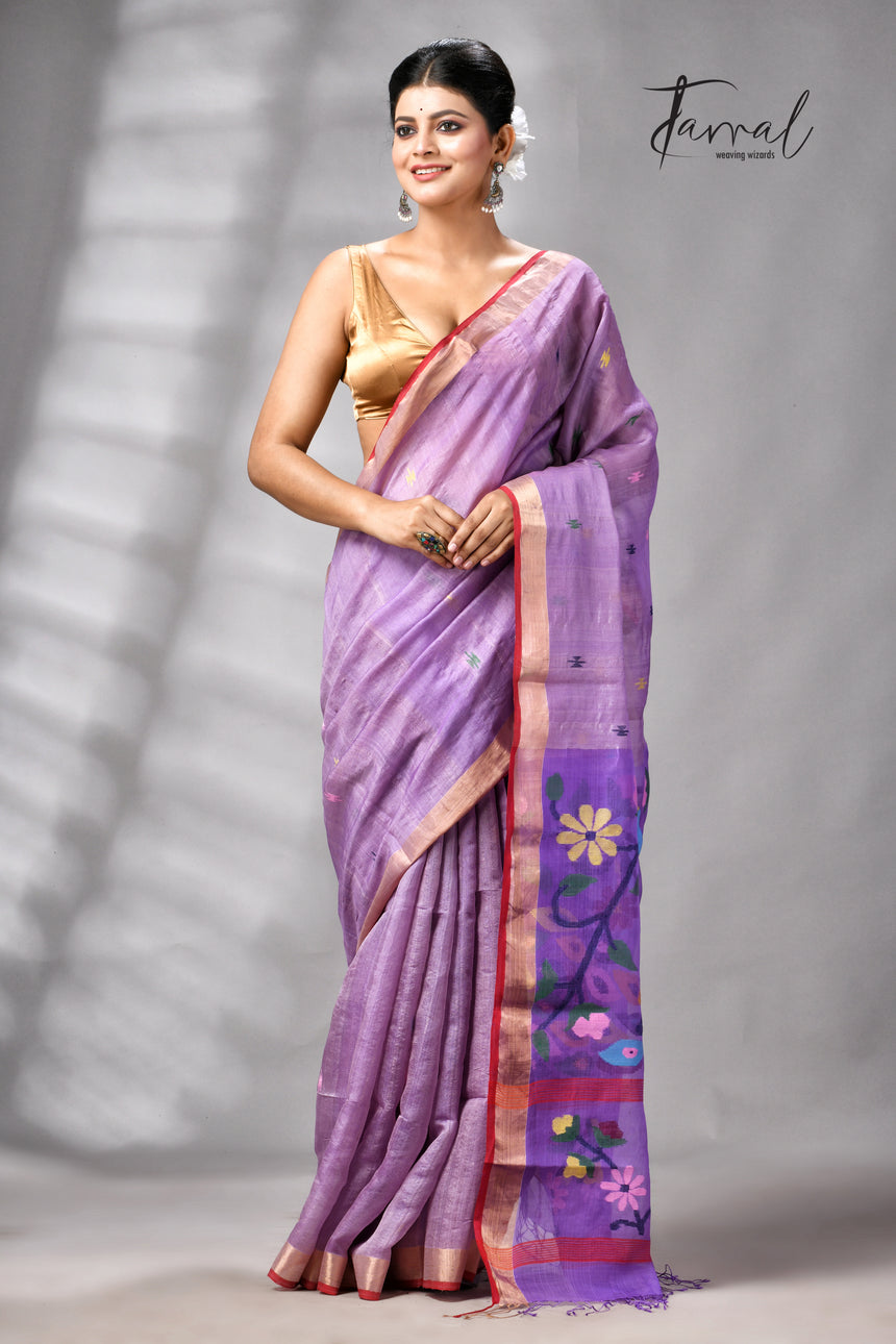Lavender Peacock Design Pure Tussar Silk Handwoven Jamdani Saree