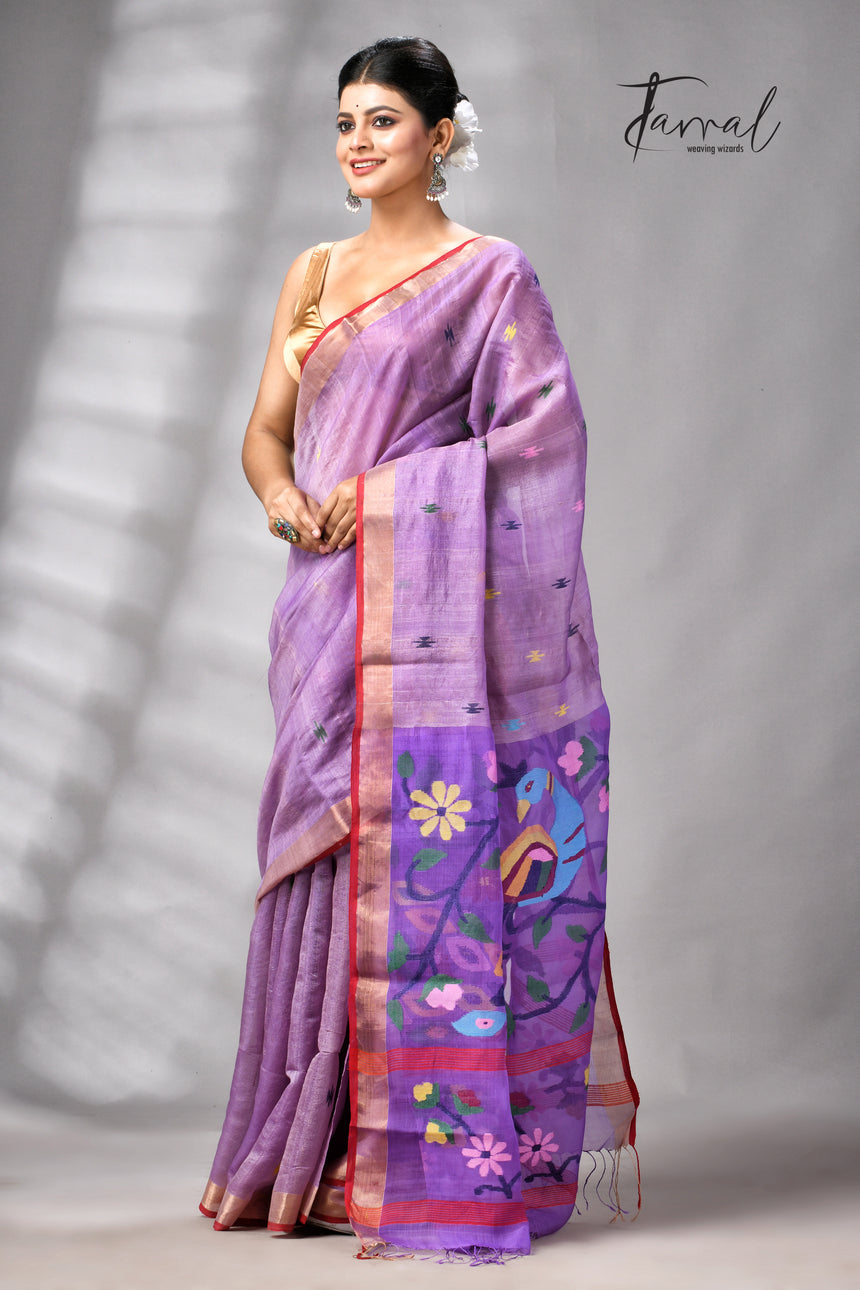 Lavender Peacock Design Pure Tussar Silk Handwoven Jamdani Saree