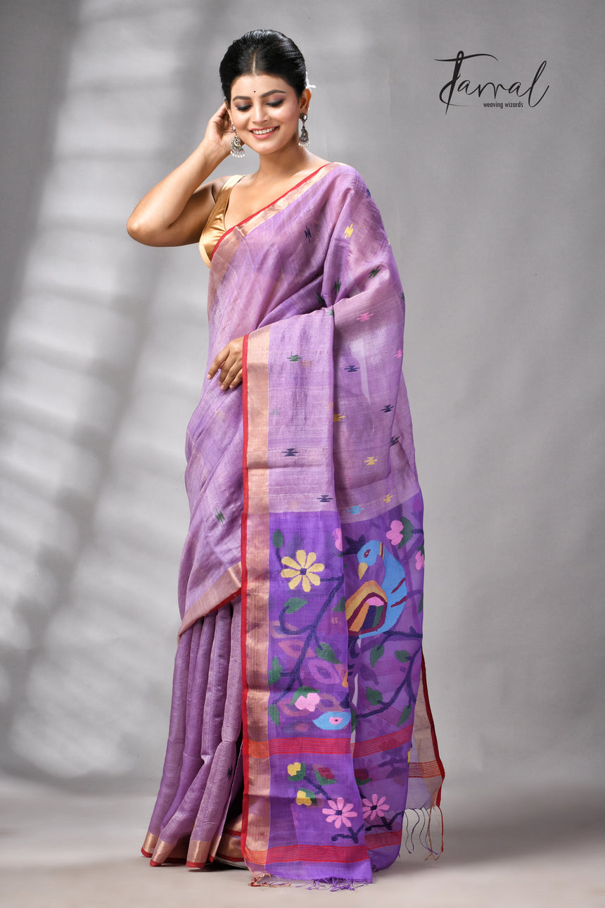 Lavender Peacock Design Pure Tussar Silk Handwoven Jamdani Saree