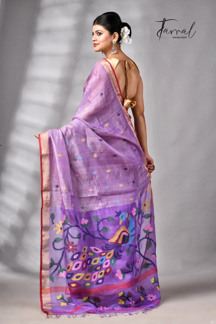Lavender Peacock Design Pure Tussar Silk Handwoven Jamdani Saree