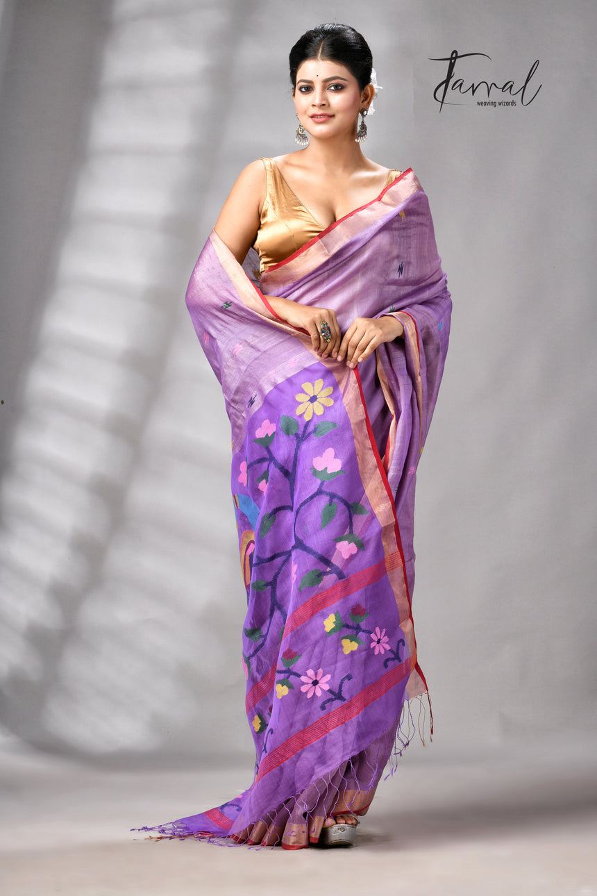 Lavender Peacock Design Pure Tussar Silk Handwoven Jamdani Saree