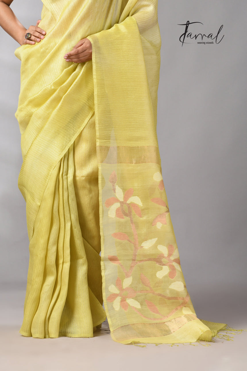 Lemon Yellow Muga & gachhi Tussar silk stripe handwoven Jamdani saree