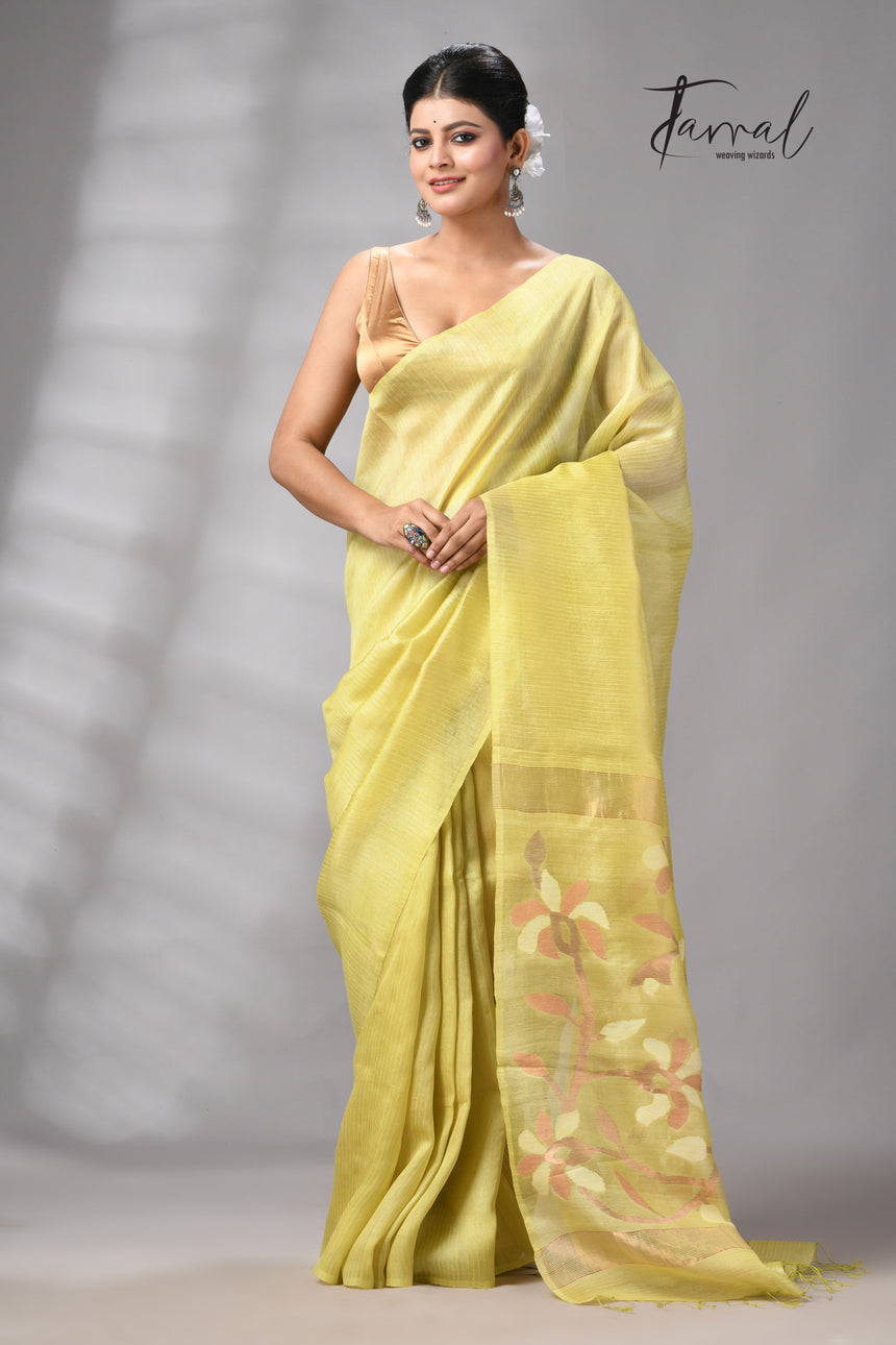 Lemon Yellow Muga & gachhi Tussar silk stripe handwoven Jamdani saree