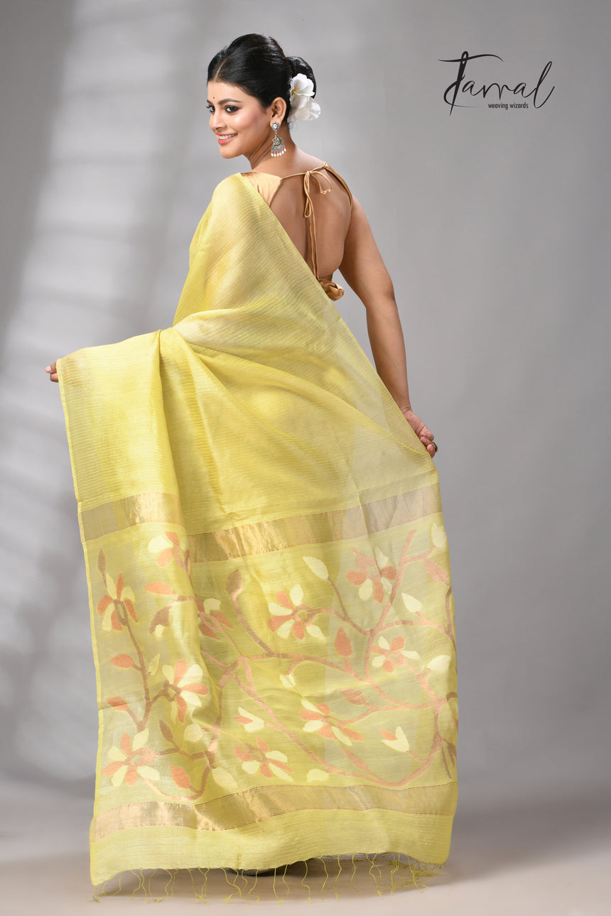 Lemon Yellow Muga & gachhi Tussar silk stripe handwoven Jamdani saree