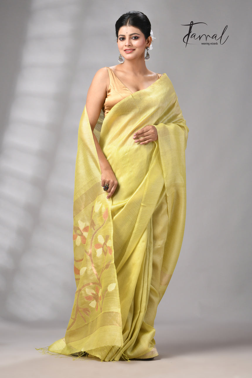 Lemon Yellow Muga & gachhi Tussar silk stripe handwoven Jamdani saree