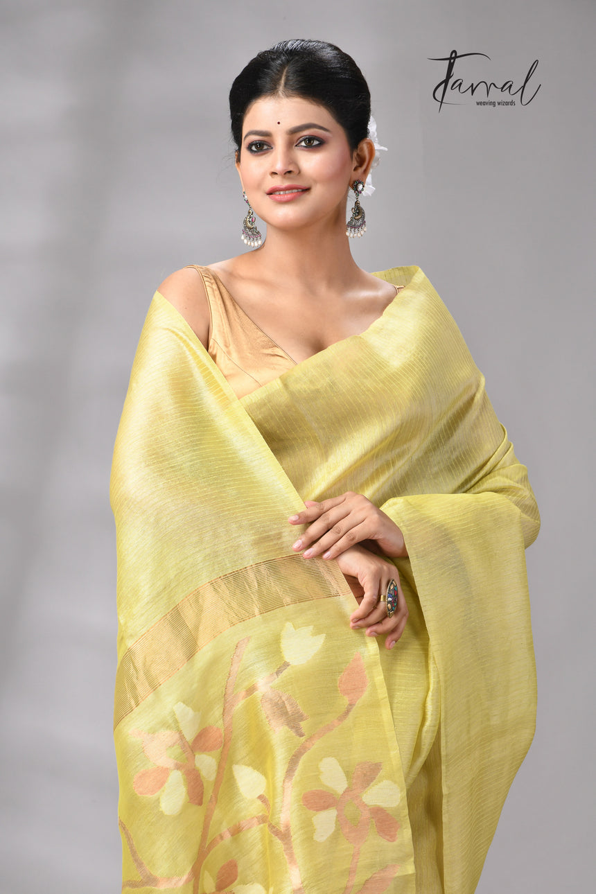 Lemon Yellow Muga & gachhi Tussar silk stripe handwoven Jamdani saree