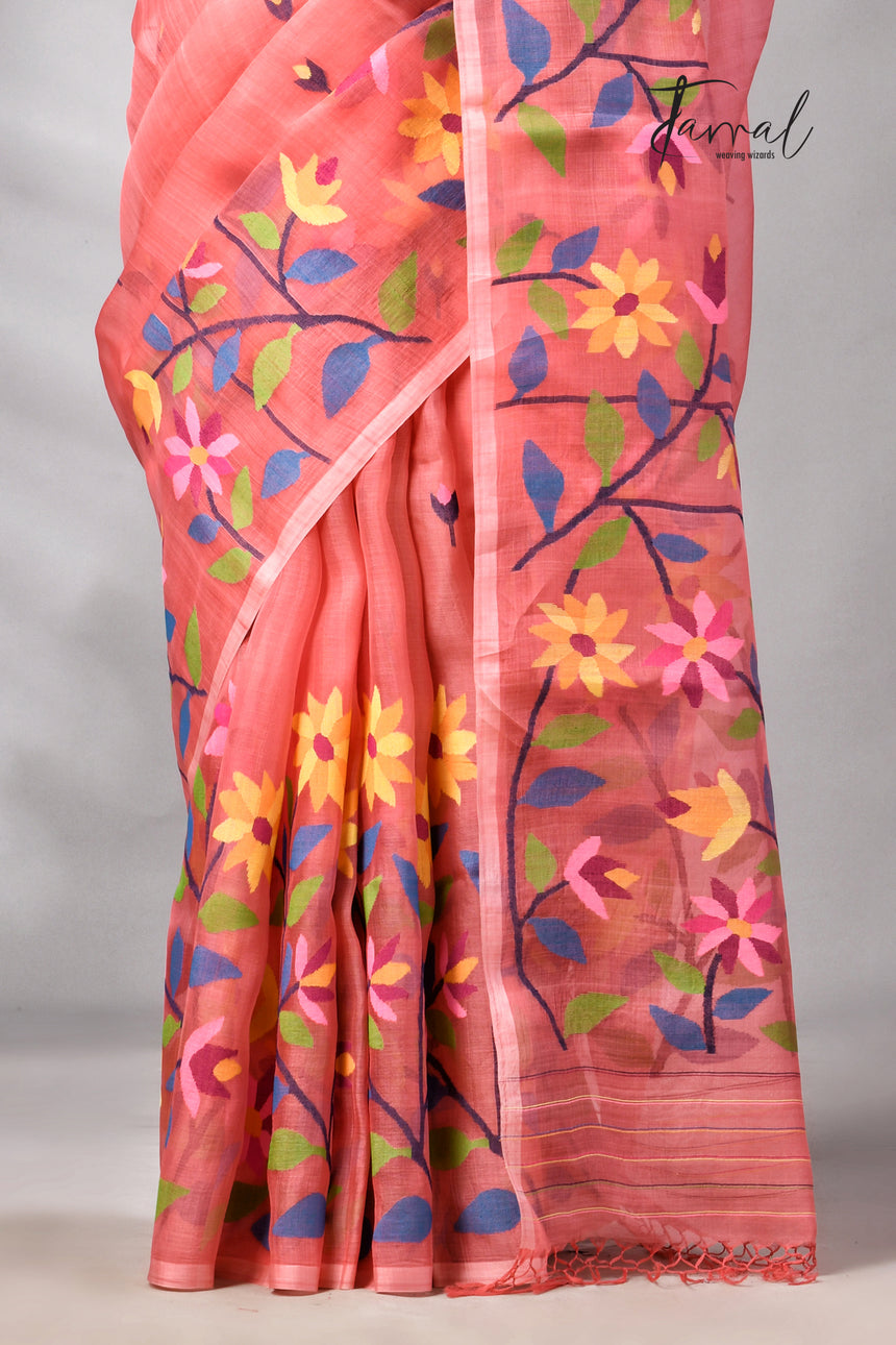 Dark Peach With Multicolour Floral Handwoven Jamdani Saree