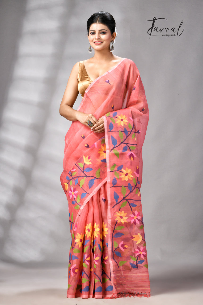 Dark Peach With Multicolour Floral Handwoven Jamdani Saree