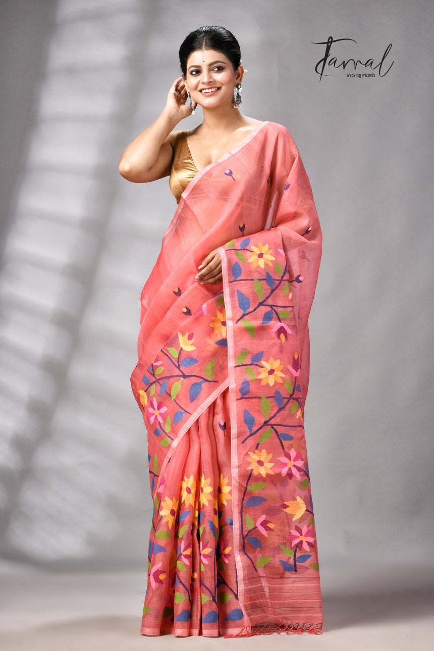 Dark Peach With Multicolour Floral Handwoven Jamdani Saree