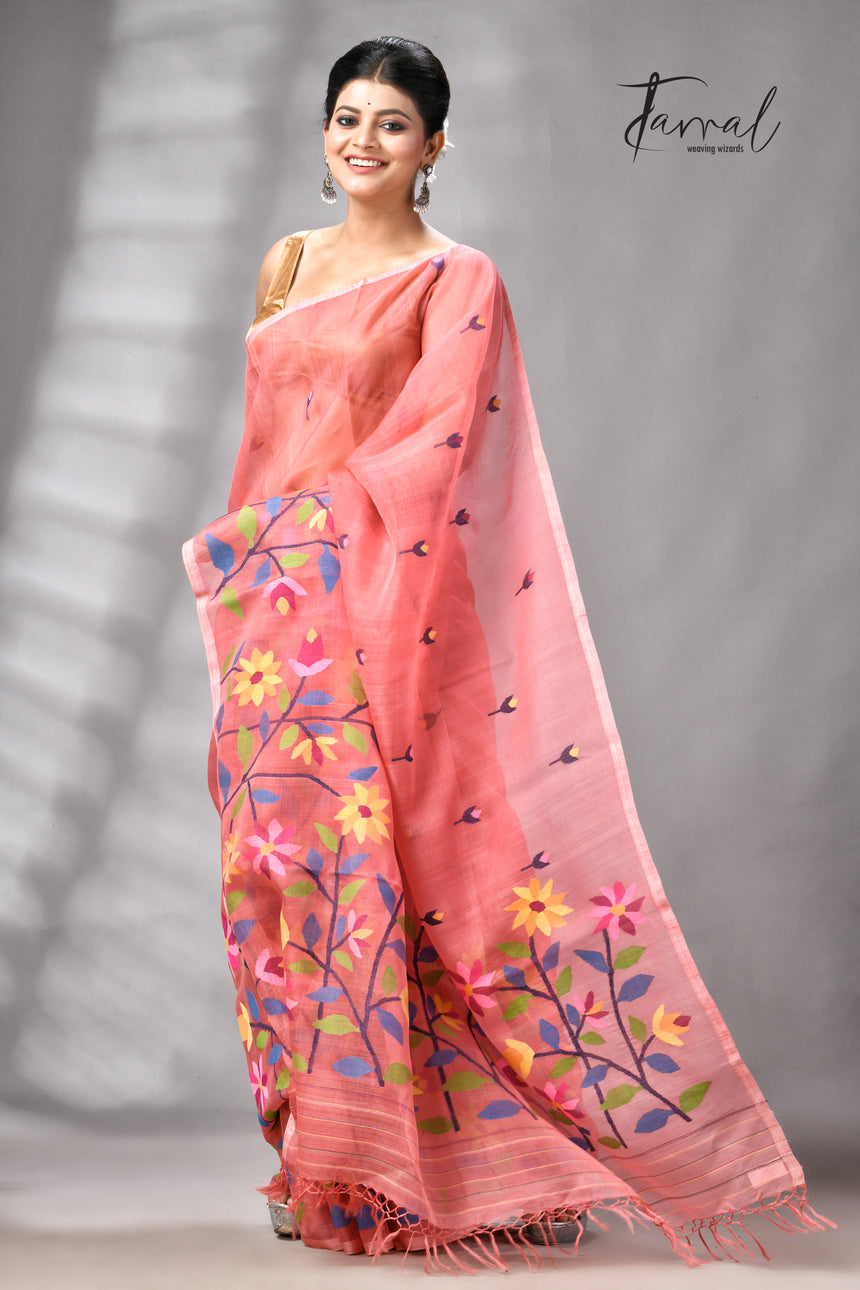Dark Peach With Multicolour Floral Handwoven Jamdani Saree