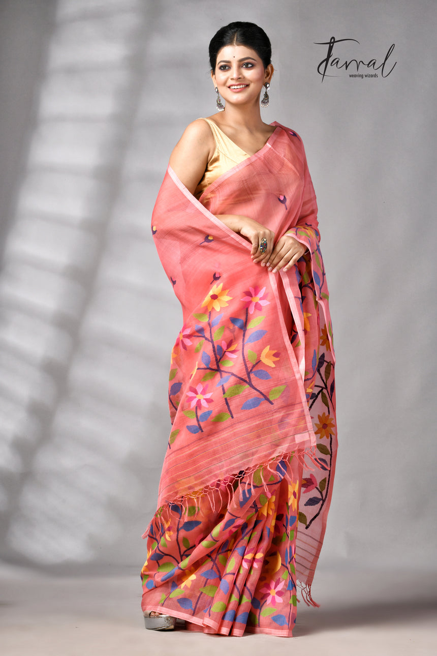 Dark Peach With Multicolour Floral Handwoven Jamdani Saree