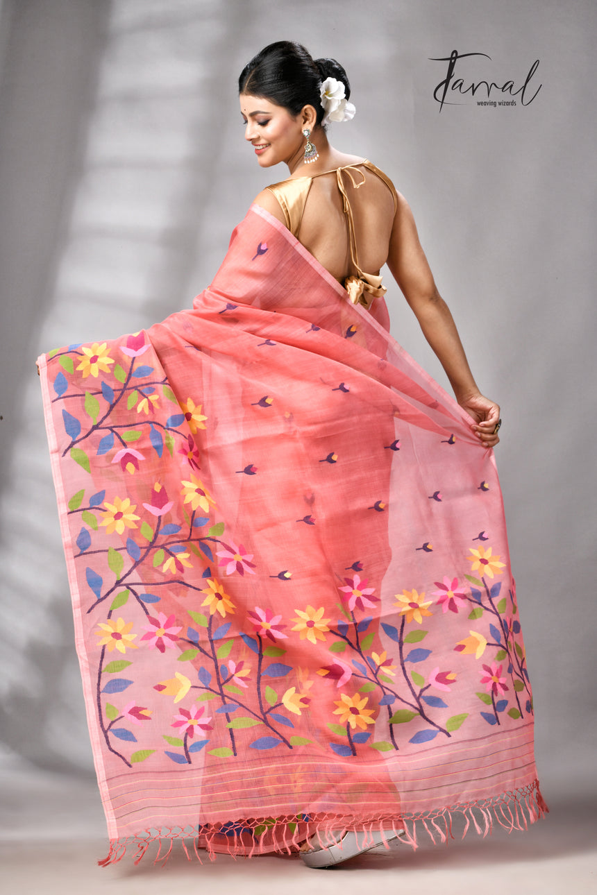 Dark Peach With Multicolour Floral Handwoven Jamdani Saree