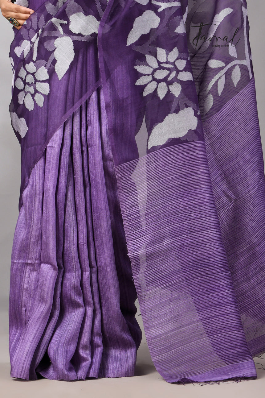 Lavender Jamdani Saree In Half Muslin & Matka Silk With White Motifs