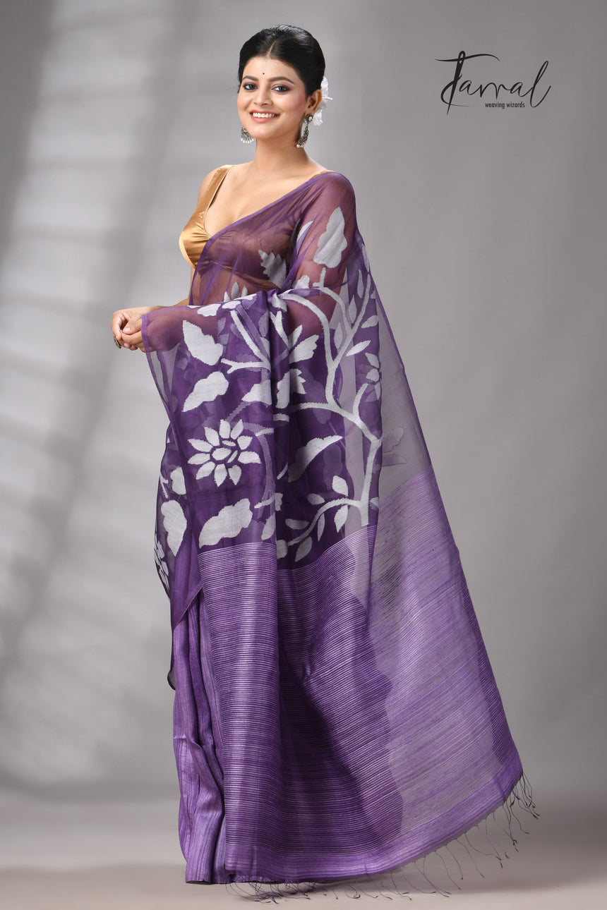 Lavender Jamdani Saree In Half Muslin & Matka Silk With White Motifs