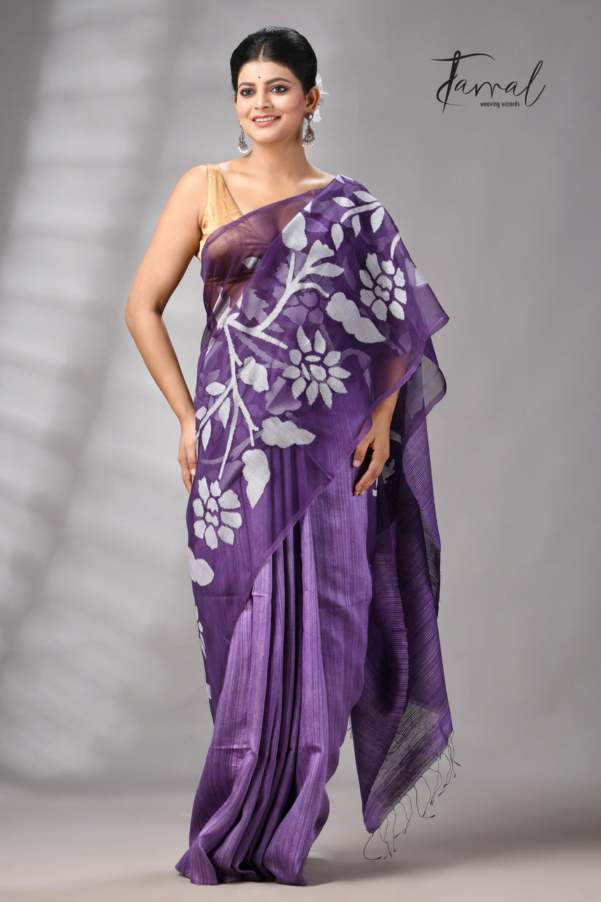 Lavender Jamdani Saree In Half Muslin & Matka Silk With White Motifs