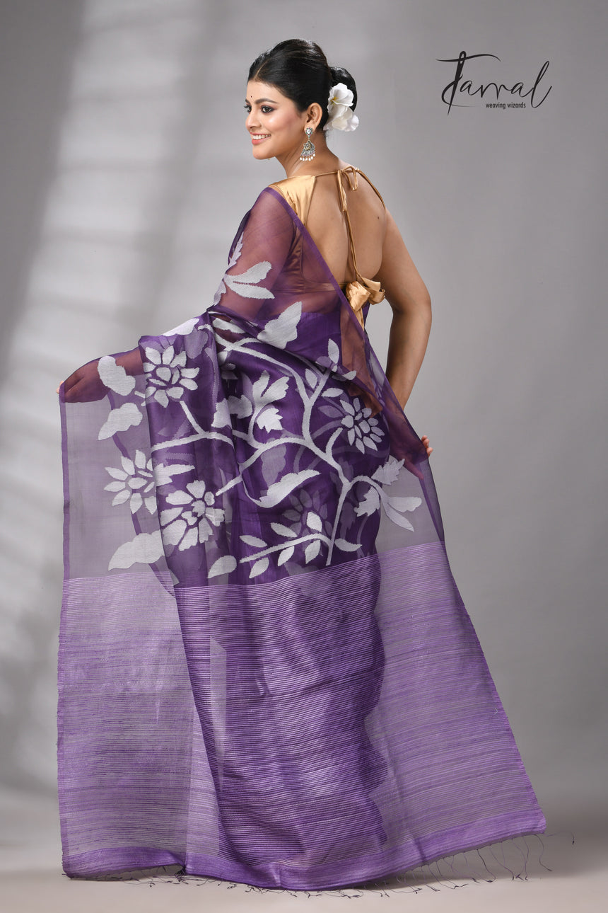Lavender Jamdani Saree In Half Muslin & Matka Silk With White Motifs