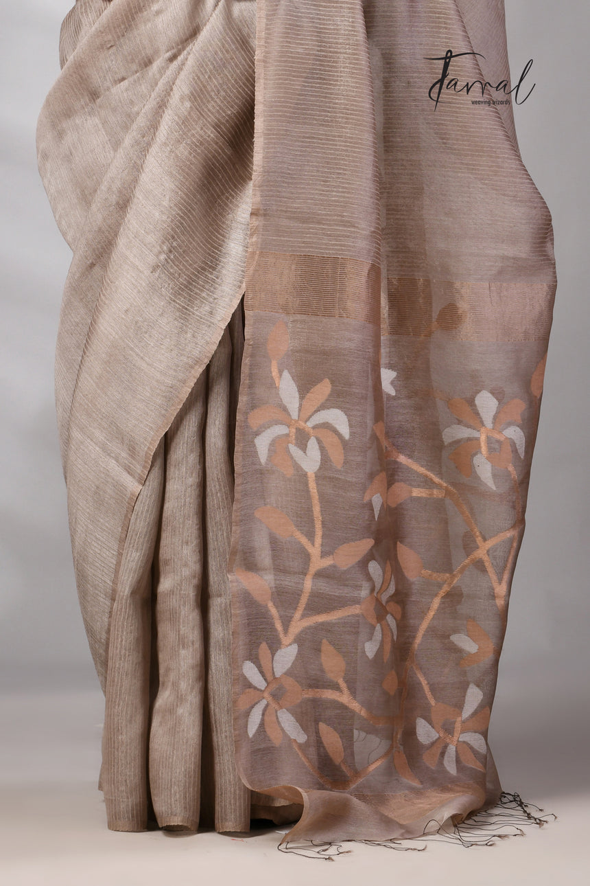 Beige Muga & gachhi Tussar silk stripe handwoven Jamdani saree