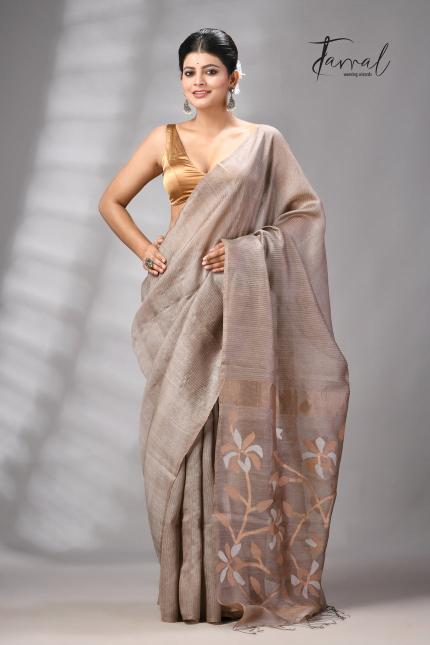 Beige Muga & gachhi Tussar silk stripe handwoven Jamdani saree