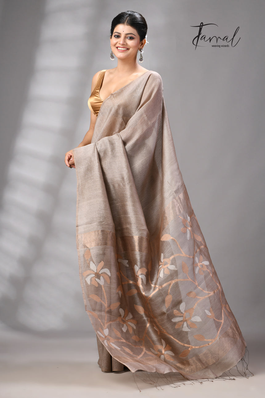 Beige Muga & gachhi Tussar silk stripe handwoven Jamdani saree