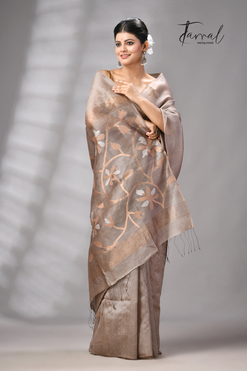 Beige Muga & gachhi Tussar silk stripe handwoven Jamdani saree