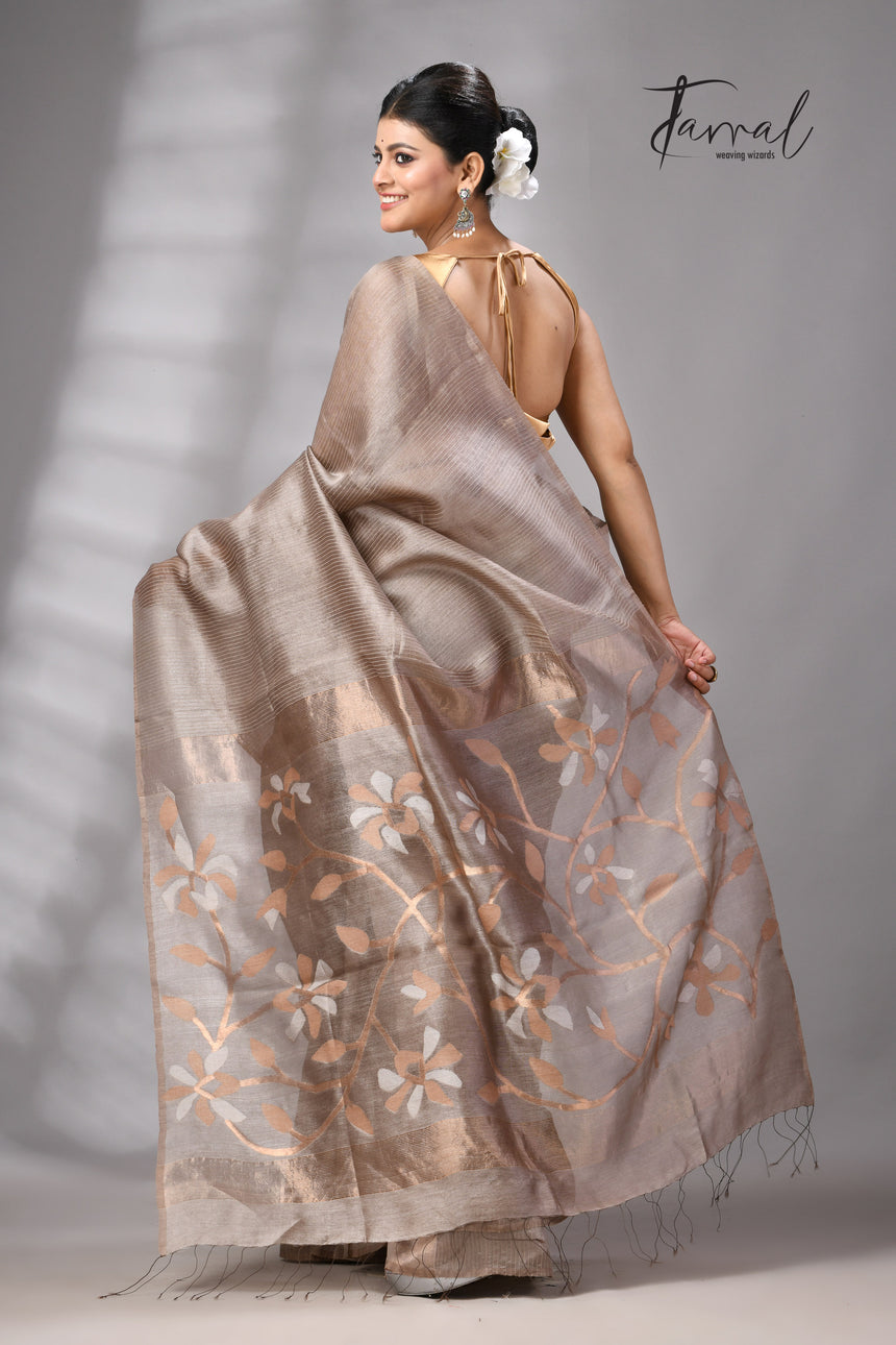 Beige Muga & gachhi Tussar silk stripe handwoven Jamdani saree