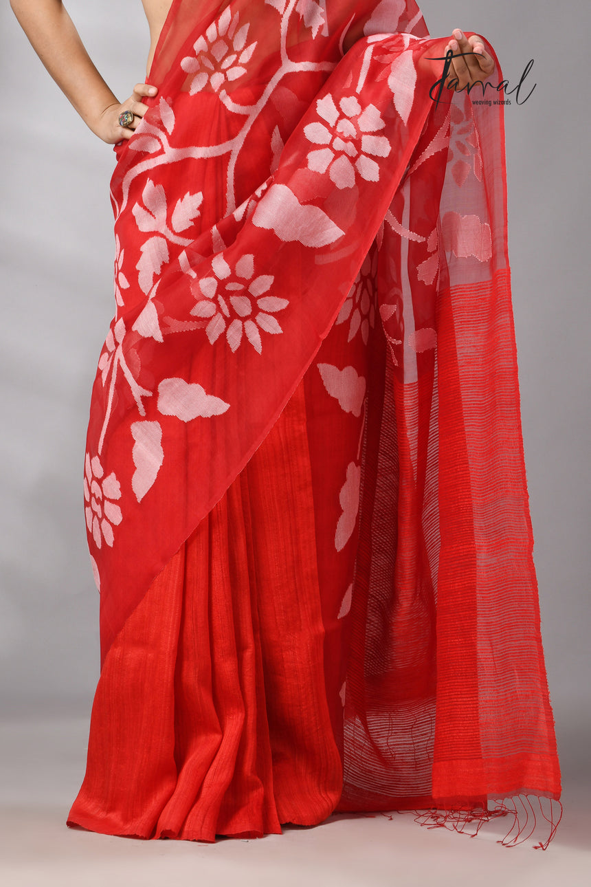 Red Muslin & Matka Silk Jamdani Saree With White Floral Motifs