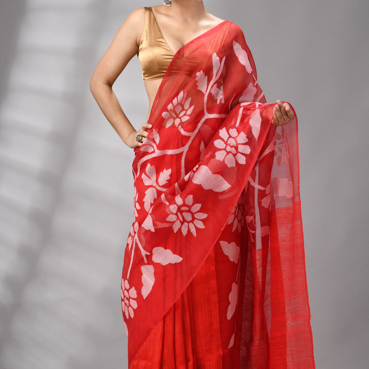 Tavishi Pure Muslin Silk Jamdani Sequin Saree Bright Orange