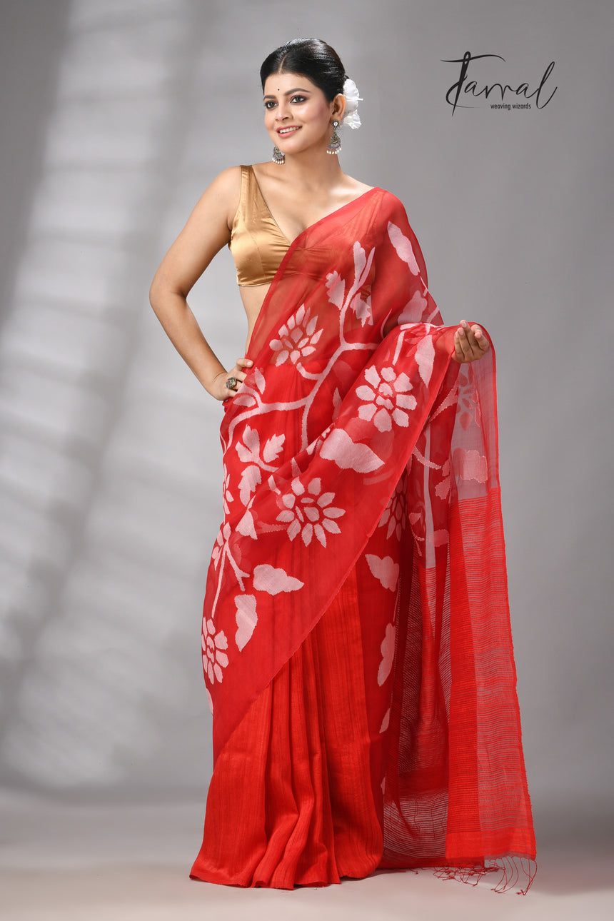 Red Muslin & Matka Silk Jamdani Saree With White Floral Motifs