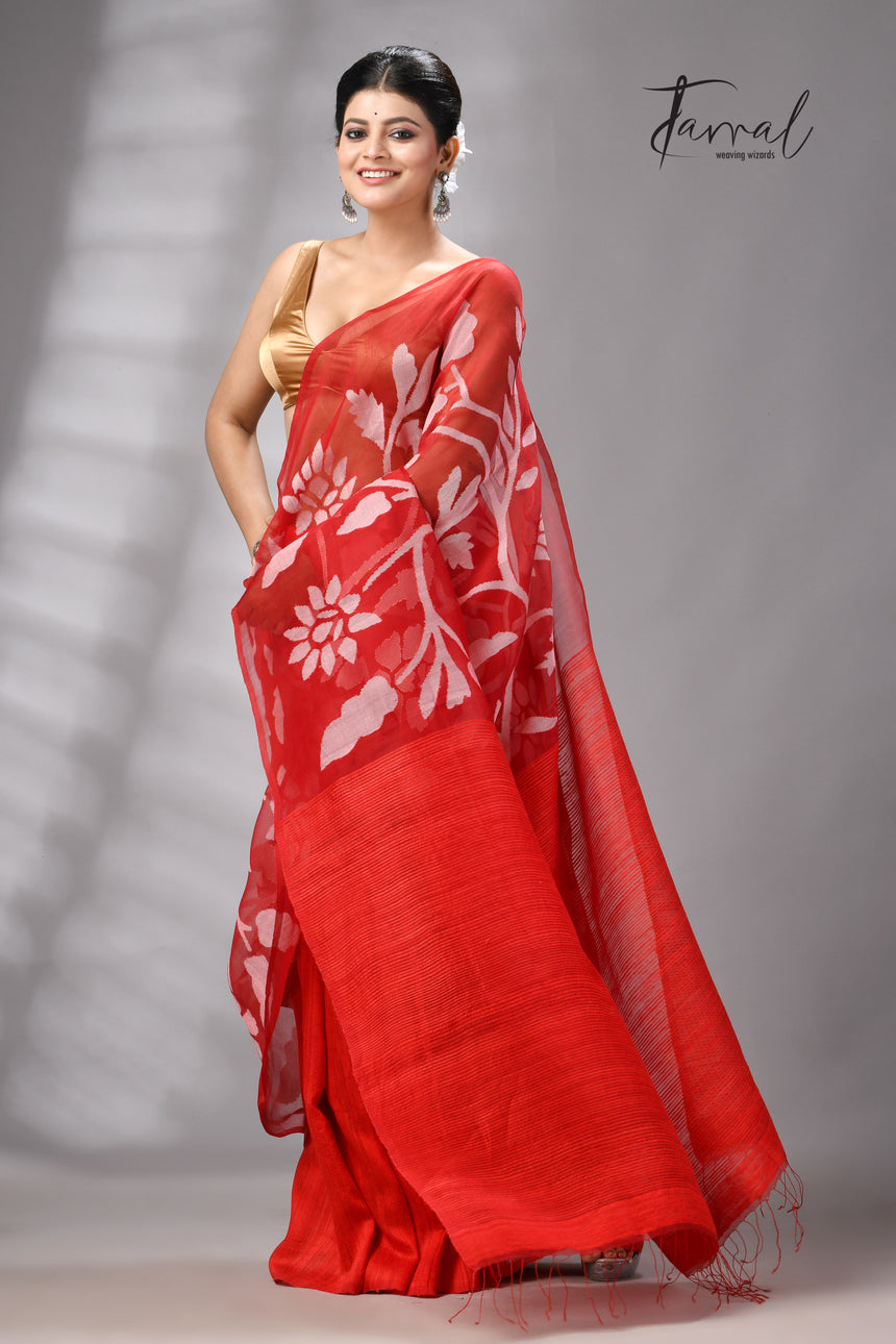 Red Muslin & Matka Silk Jamdani Saree With White Floral Motifs