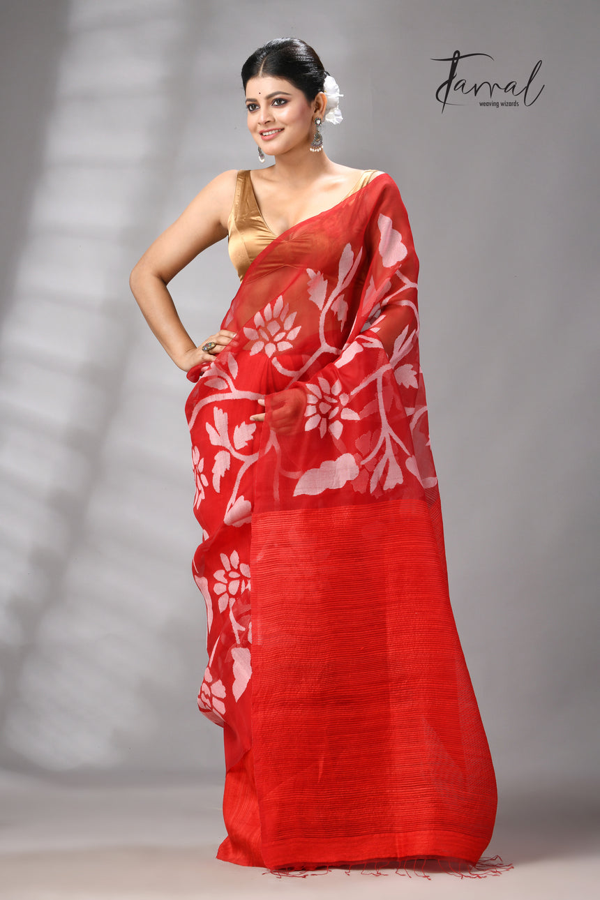 Red Muslin & Matka Silk Jamdani Saree With White Floral Motifs