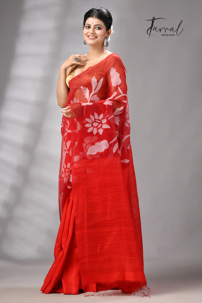 Red Muslin & Matka Silk Jamdani Saree With White Floral Motifs