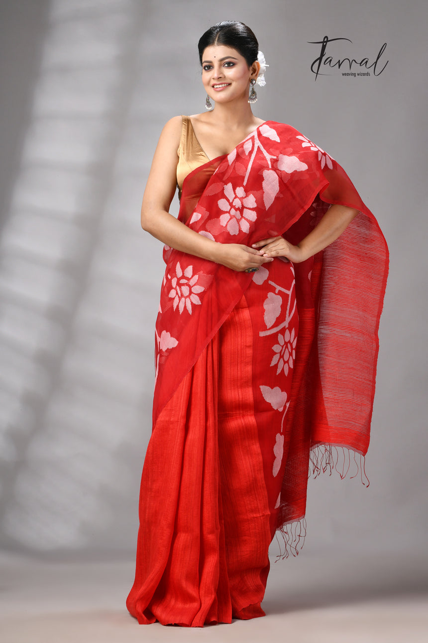 Red Muslin & Matka Silk Jamdani Saree With White Floral Motifs
