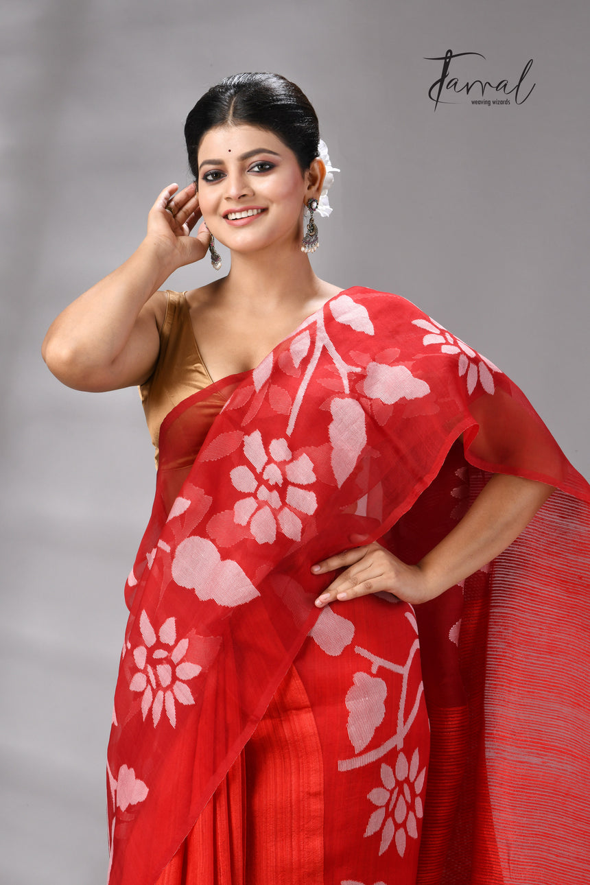 Red Muslin & Matka Silk Jamdani Saree With White Floral Motifs