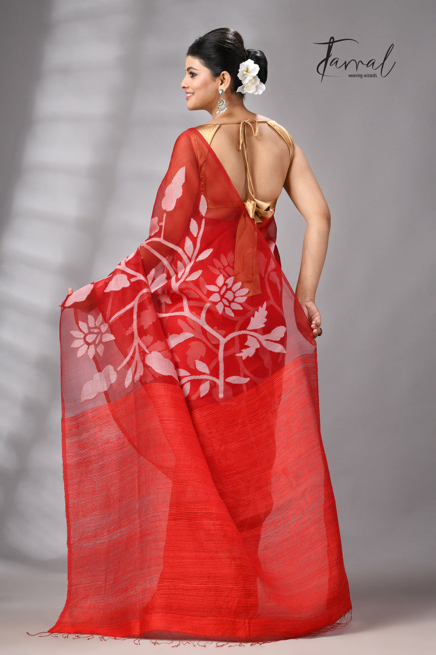 Red Muslin & Matka Silk Jamdani Saree With White Floral Motifs