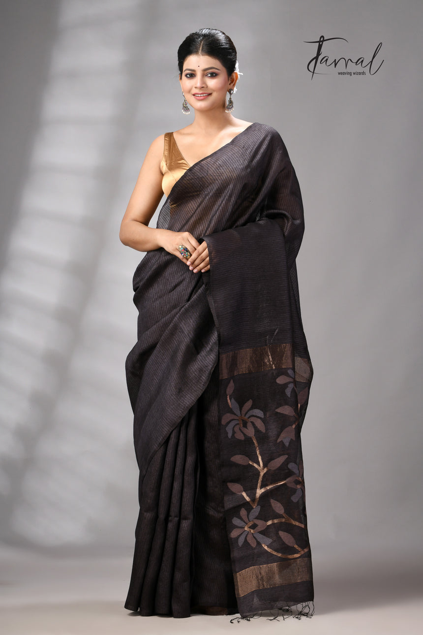 Black Muga & gachhi Tussar silk stripe handwoven Jamdani saree