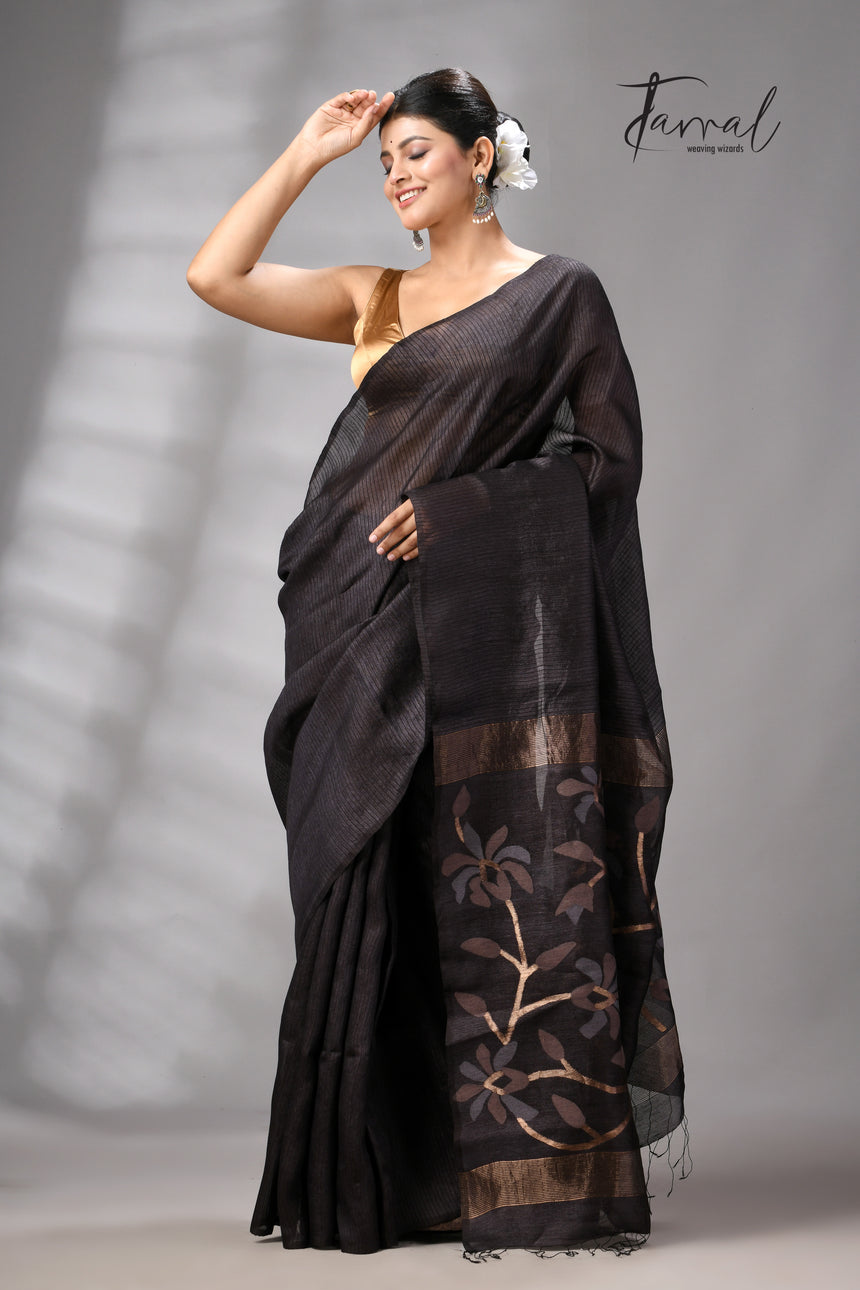 Black Muga & gachhi Tussar silk stripe handwoven Jamdani saree