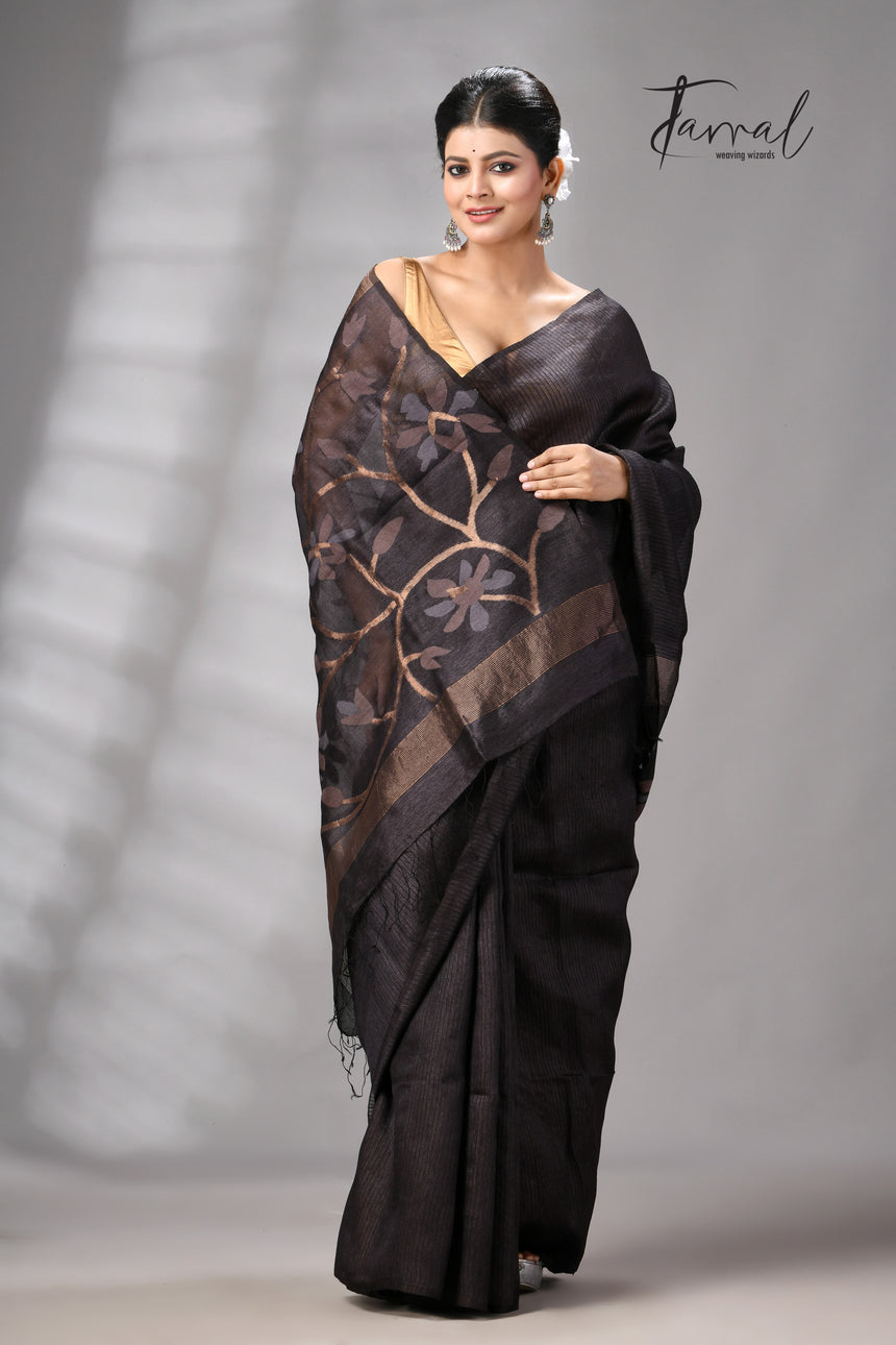 Black Muga & gachhi Tussar silk stripe handwoven Jamdani saree