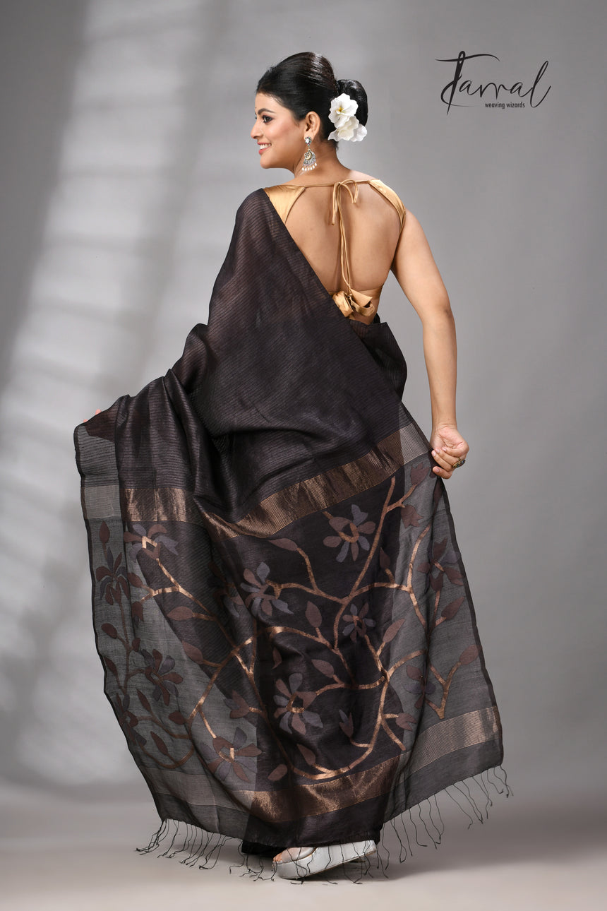 Black Muga & gachhi Tussar silk stripe handwoven Jamdani saree