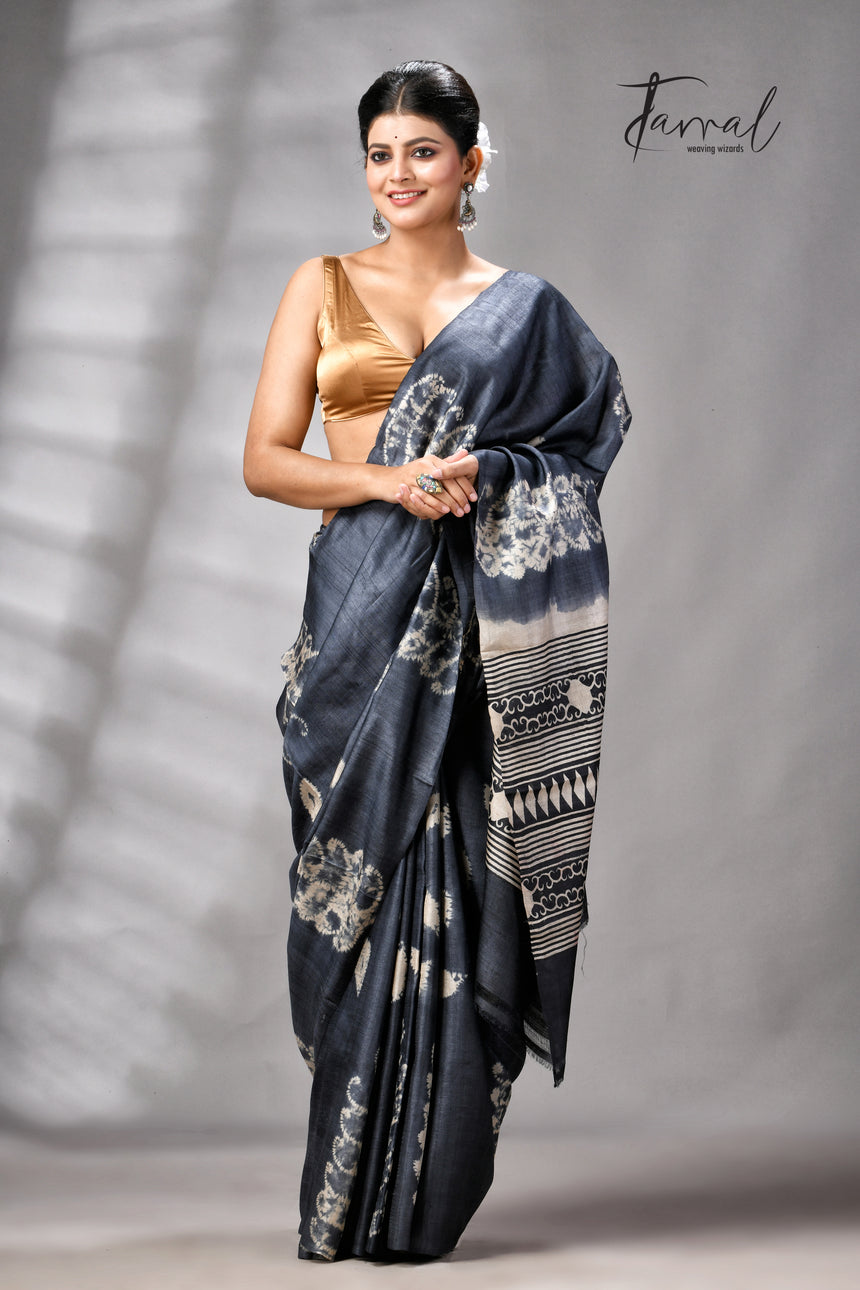 Charcoal Black Pure Tussar Silk Shibori Handloom Saree