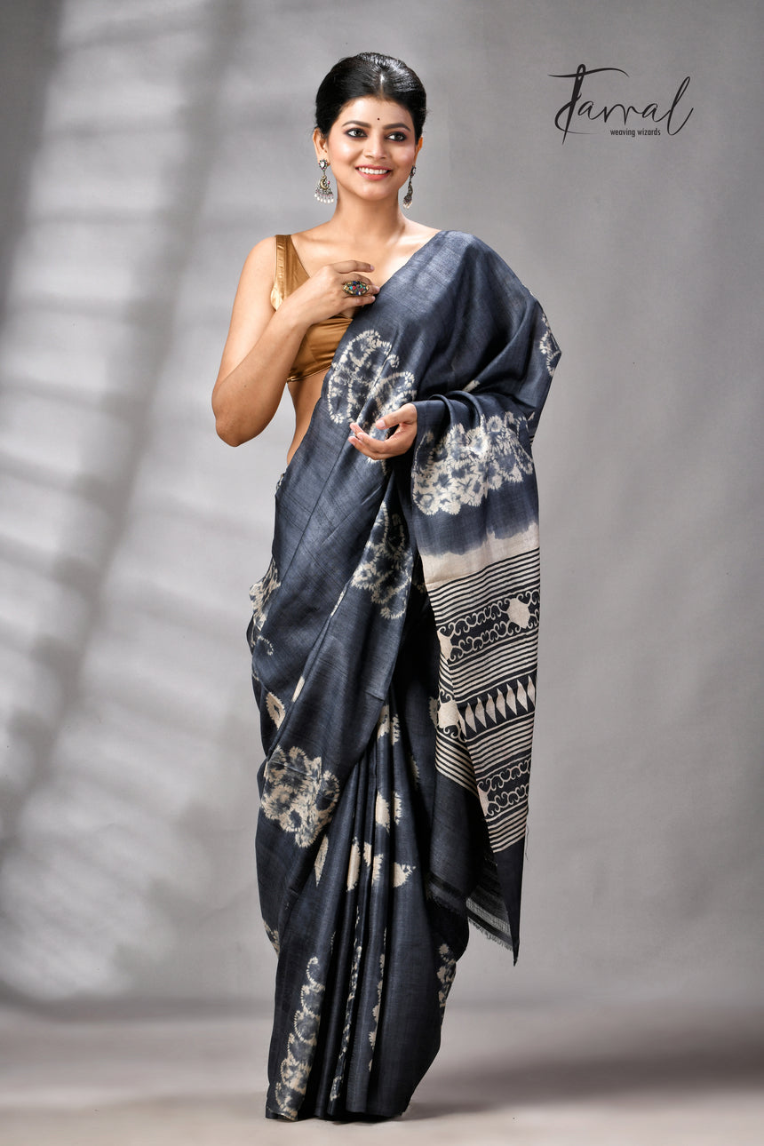Charcoal Black Pure Tussar Silk Shibori Handloom Saree
