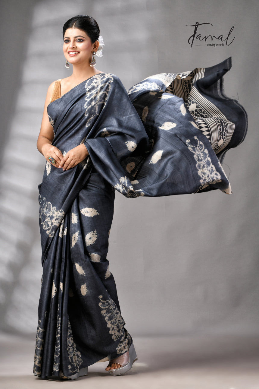 Charcoal Black Pure Tussar Silk Shibori Handloom Saree