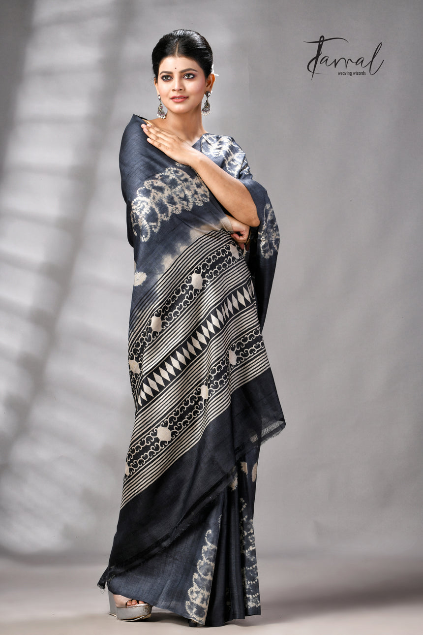 Charcoal Black Pure Tussar Silk Shibori Handloom Saree
