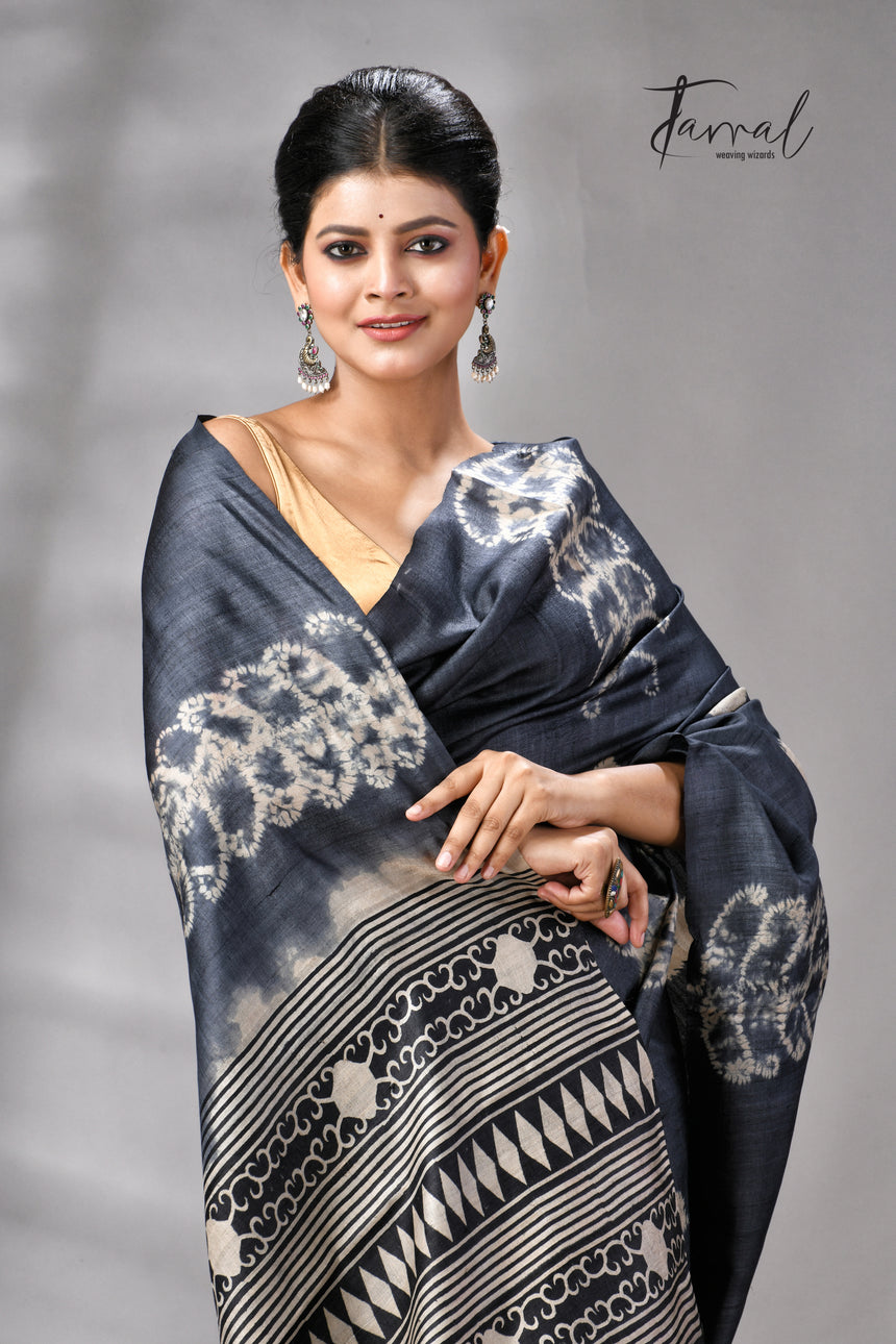 Charcoal Black Pure Tussar Silk Shibori Handloom Saree