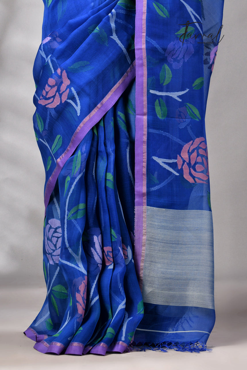 Royal Blue With Purple Border Rose Motifs Muslin Silk Handwoven Jamdani Saree