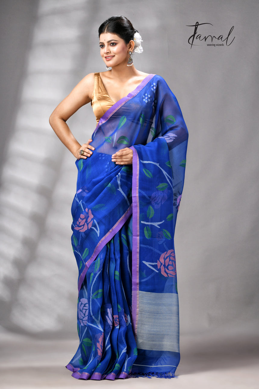 Royal Blue With Purple Border Rose Motifs Muslin Silk Handwoven Jamdani Saree