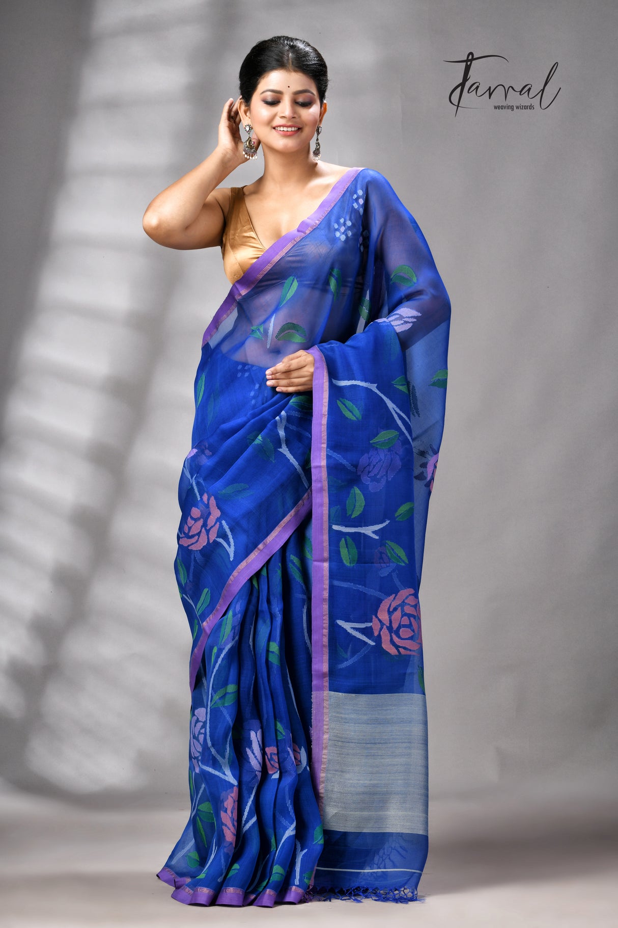 Royal Blue With Purple Border Rose Motifs Muslin Silk Handwoven Jamdani Saree