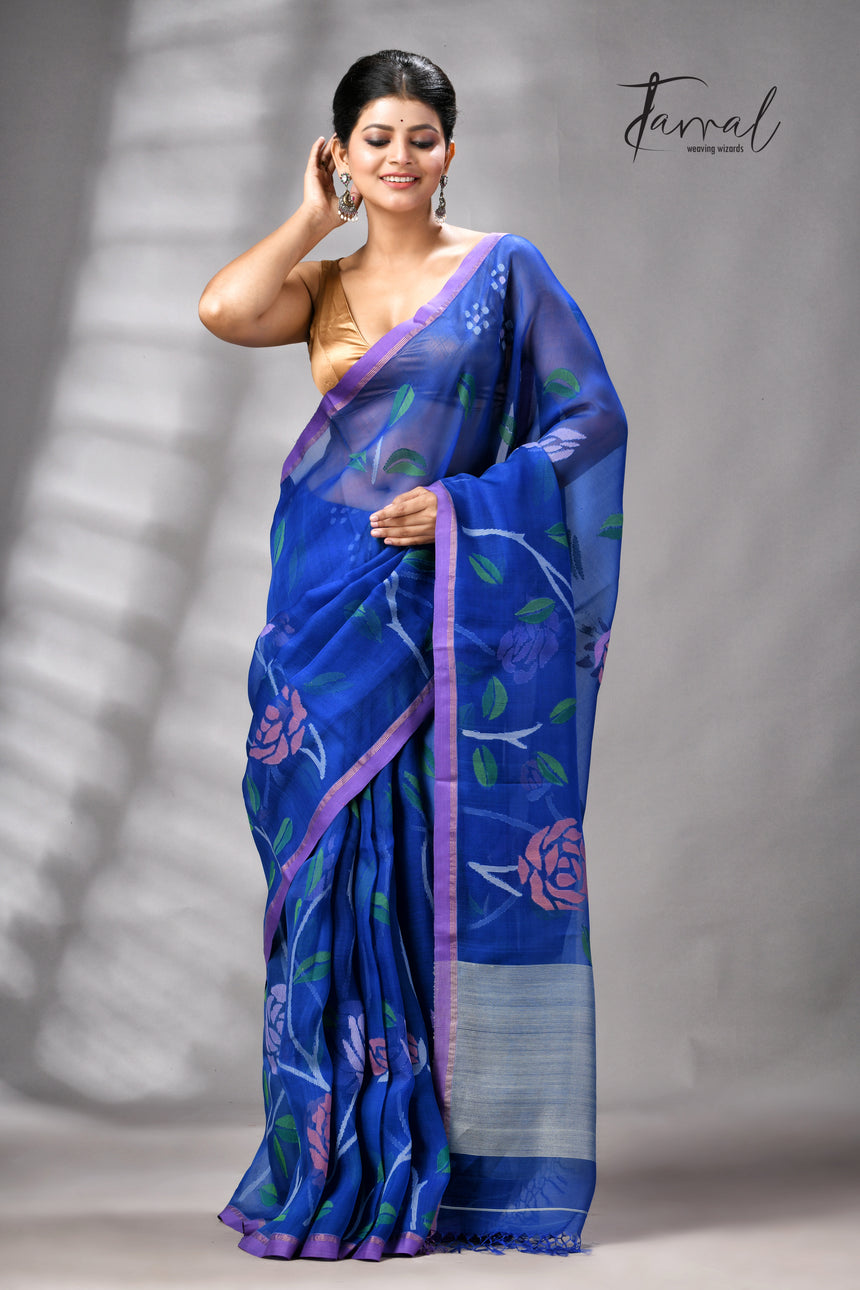 Royal Blue With Purple Border Rose Motifs Muslin Silk Handwoven Jamdani Saree