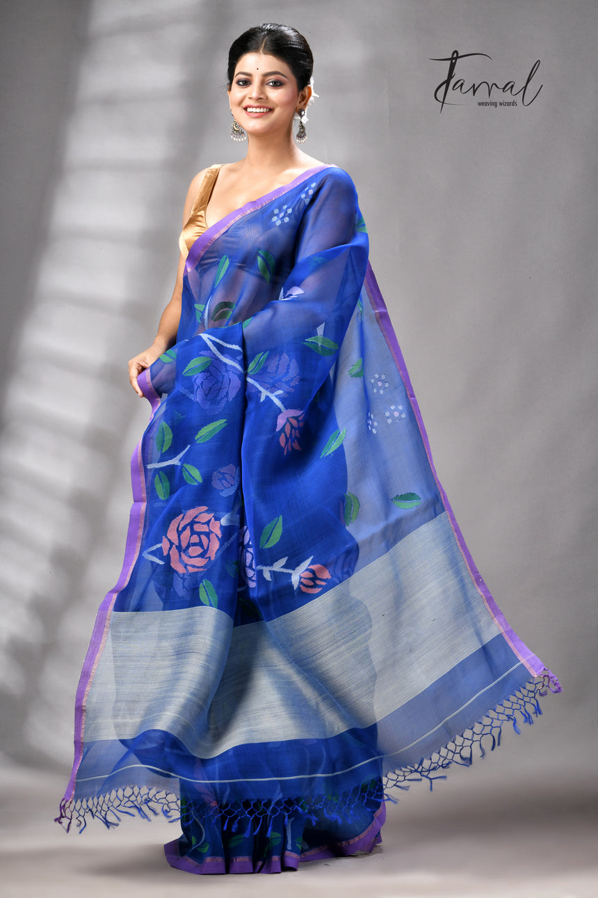Royal Blue With Purple Border Rose Motifs Muslin Silk Handwoven Jamdani Saree