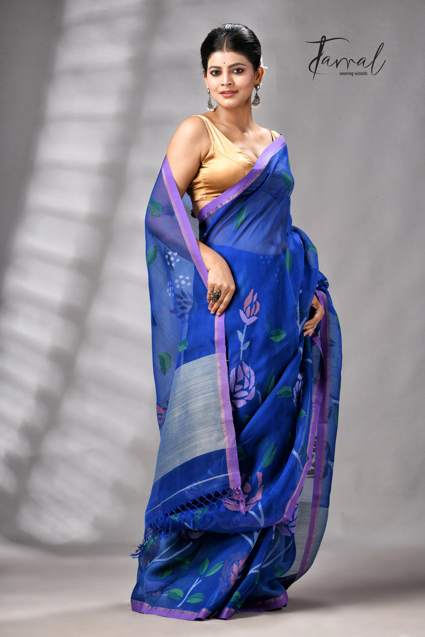 Royal Blue With Purple Border Rose Motifs Muslin Silk Handwoven Jamdani Saree