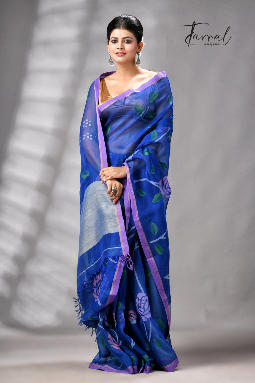 Royal Blue With Purple Border Rose Motifs Muslin Silk Handwoven Jamdani Saree